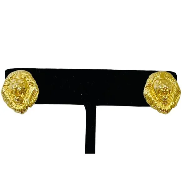 VTG Signed KJL Kenneth Jay Lane Gold Plated LION HEAD Stud Earrings Pierced - Picture 3 of 7
